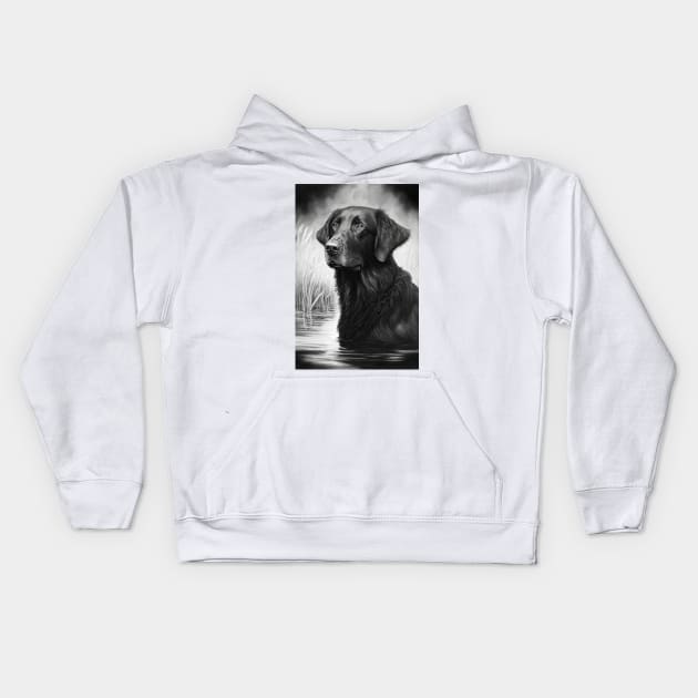 Flatcoated retriver black and white painting Kids Hoodie by TheMadSwede